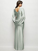 Rear View Thumbnail - Willow Green Draped Stretch Satin Maxi Dress with Built-in Capelet