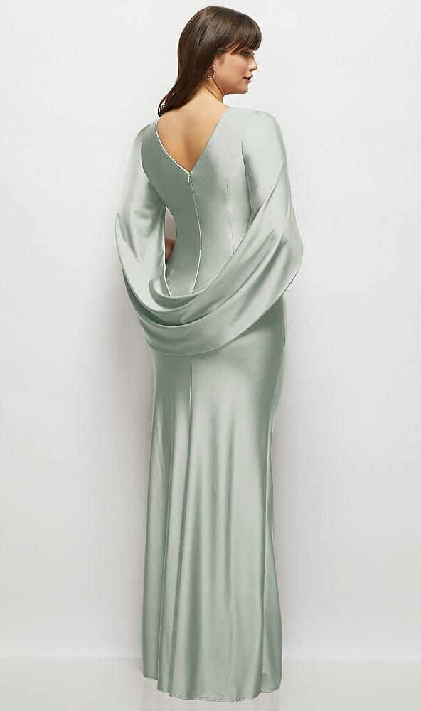 Back View - Willow Green Draped Stretch Satin Maxi Dress with Built-in Capelet