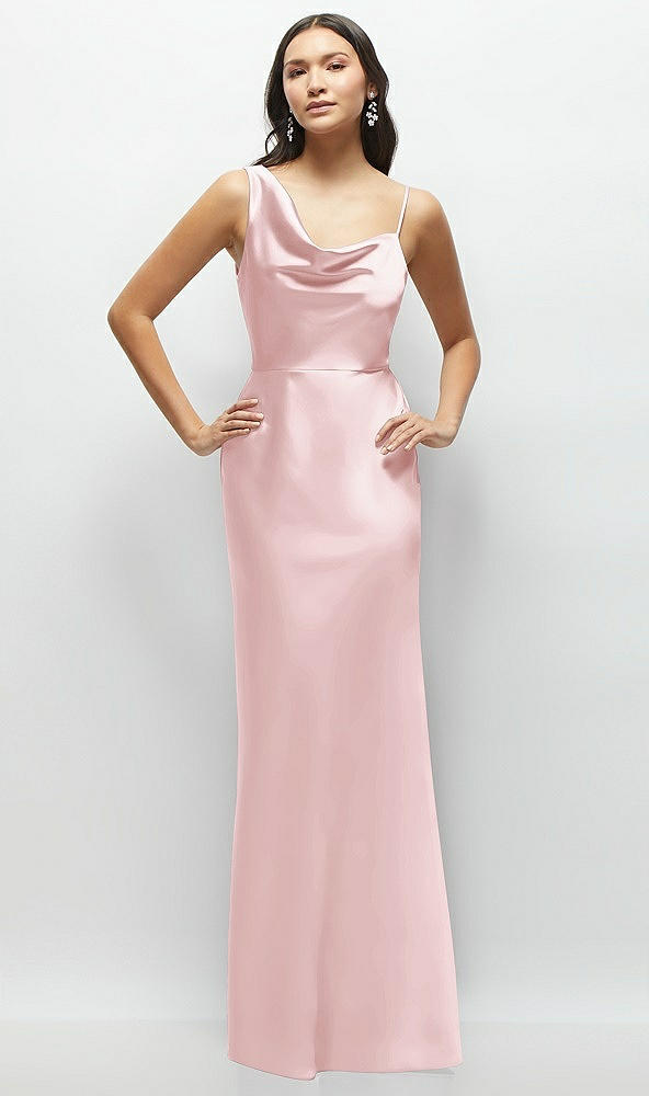 Front View - Ballet Pink One-Shoulder Draped Cowl A-Line Satin Maxi Dress