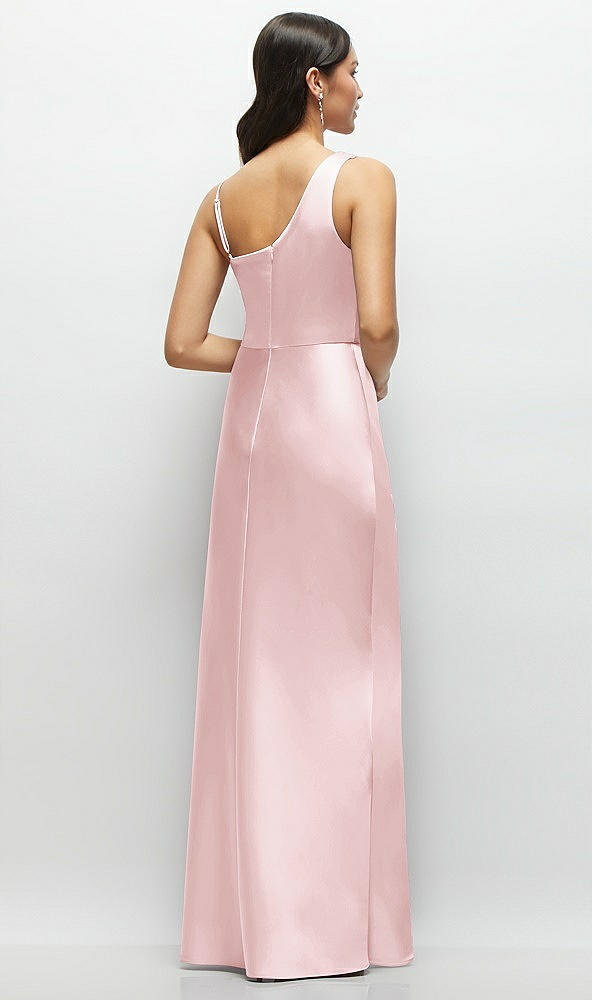 Back View - Ballet Pink One-Shoulder Draped Cowl A-Line Satin Maxi Dress