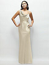 Front View Thumbnail - Champagne One-Shoulder Draped Cowl A-Line Satin Maxi Dress