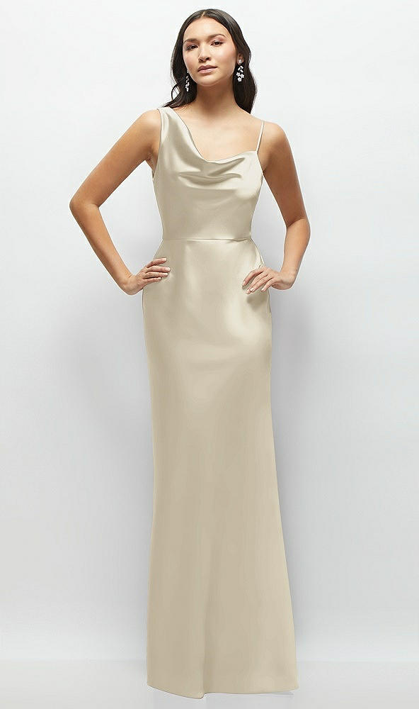 Front View - Champagne One-Shoulder Draped Cowl A-Line Satin Maxi Dress