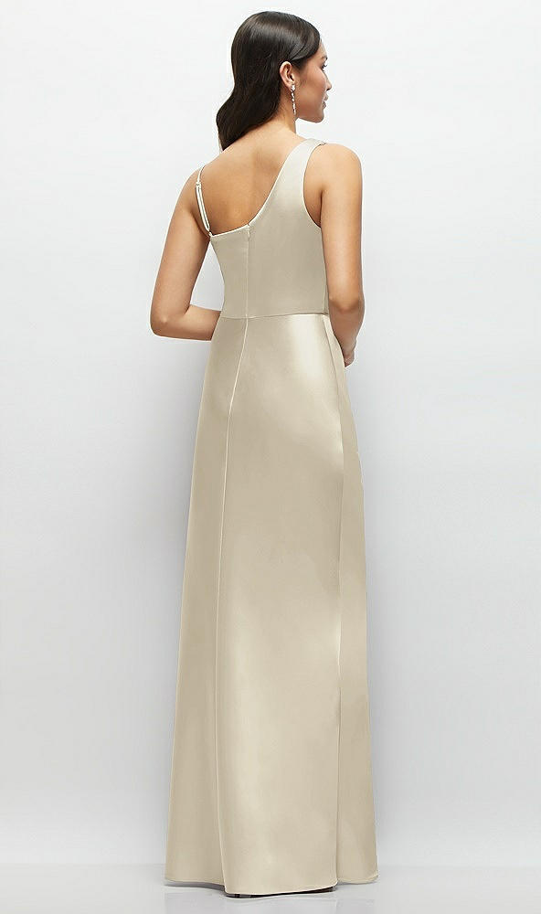 Back View - Champagne One-Shoulder Draped Cowl A-Line Satin Maxi Dress