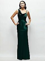 Front View Thumbnail - Evergreen One-Shoulder Draped Cowl A-Line Satin Maxi Dress