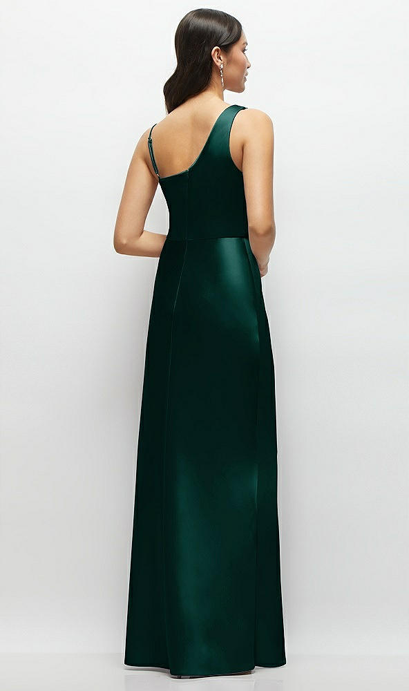 Back View - Evergreen One-Shoulder Draped Cowl A-Line Satin Maxi Dress