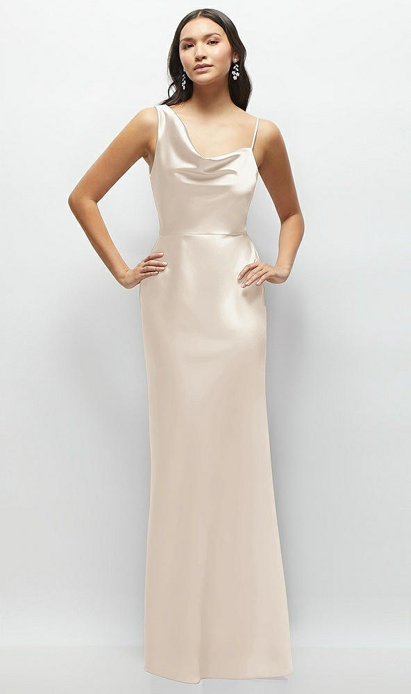 Front View - Oat One-Shoulder Draped Cowl A-Line Satin Maxi Dress