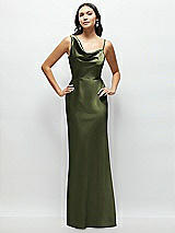 Front View Thumbnail - Olive Green One-Shoulder Draped Cowl A-Line Satin Maxi Dress