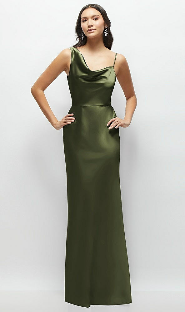 Front View - Olive Green One-Shoulder Draped Cowl A-Line Satin Maxi Dress