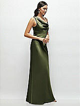 Side View Thumbnail - Olive Green One-Shoulder Draped Cowl A-Line Satin Maxi Dress