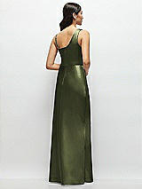 Rear View Thumbnail - Olive Green One-Shoulder Draped Cowl A-Line Satin Maxi Dress