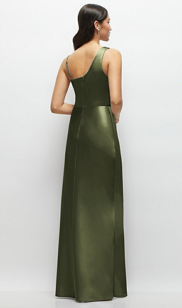Back View - Olive Green One-Shoulder Draped Cowl A-Line Satin Maxi Dress