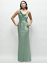 Front View Thumbnail - Seagrass One-Shoulder Draped Cowl A-Line Satin Maxi Dress