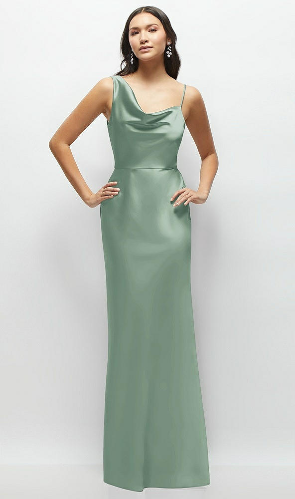 Front View - Seagrass One-Shoulder Draped Cowl A-Line Satin Maxi Dress