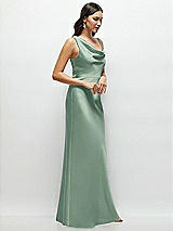 Side View Thumbnail - Seagrass One-Shoulder Draped Cowl A-Line Satin Maxi Dress