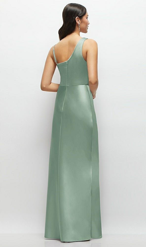 Back View - Seagrass One-Shoulder Draped Cowl A-Line Satin Maxi Dress