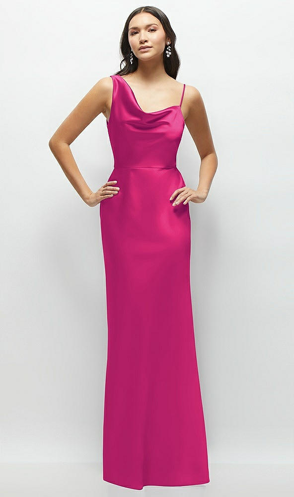 Front View - Think Pink One-Shoulder Draped Cowl A-Line Satin Maxi Dress