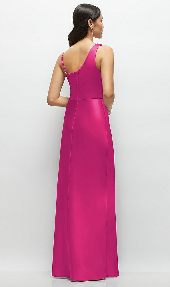 Back View - Think Pink One-Shoulder Draped Cowl A-Line Satin Maxi Dress