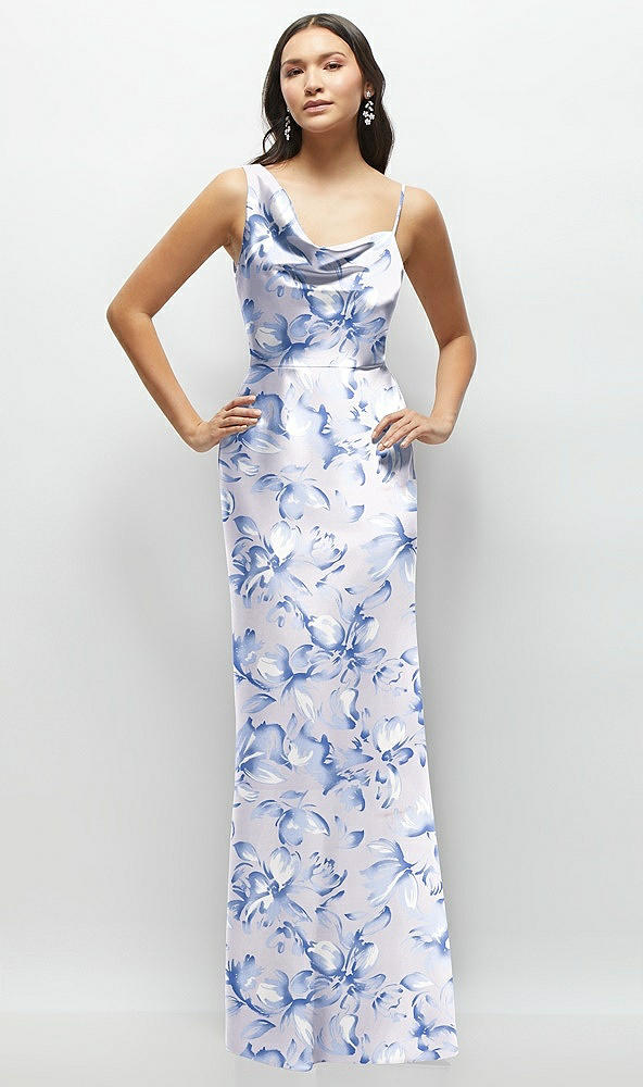 Front View - Magnolia Sky One-Shoulder Draped Cowl A-Line Floral Satin Maxi Dress