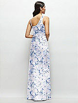 Rear View Thumbnail - Magnolia Sky One-Shoulder Draped Cowl A-Line Floral Satin Maxi Dress