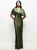 Front View Thumbnail - Olive Green Plunge Neck Kimono Sleeve Satin Bias Maxi Dress