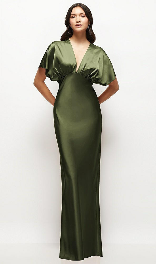 Front View - Olive Green Plunge Neck Kimono Sleeve Satin Bias Maxi Dress