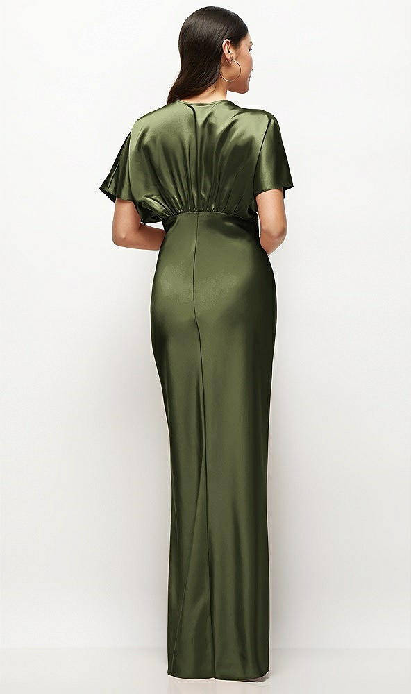 Back View - Olive Green Plunge Neck Kimono Sleeve Satin Bias Maxi Dress