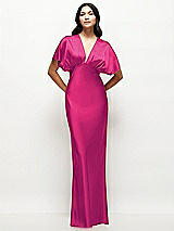 Front View Thumbnail - Think Pink Plunge Neck Kimono Sleeve Satin Bias Maxi Dress