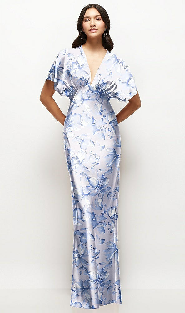 Front View - Magnolia Sky Plunge Neck Kimono Sleeve Floral Satin Bias Maxi Dress