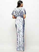 Rear View Thumbnail - Magnolia Sky Plunge Neck Kimono Sleeve Floral Satin Bias Maxi Dress
