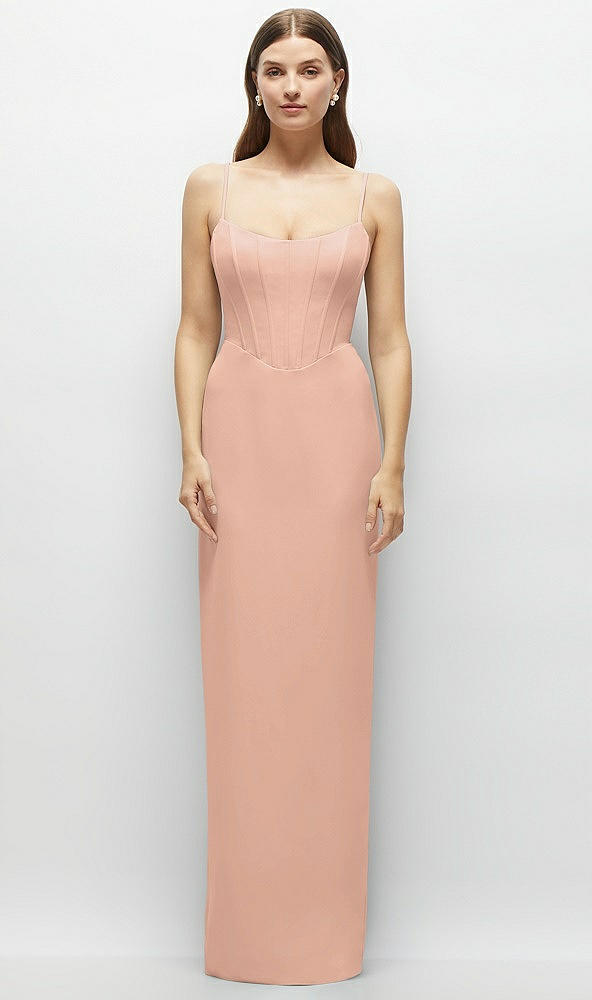 Front View - Pale Peach Corset-Style Crepe Column Maxi Dress with Adjustable Straps