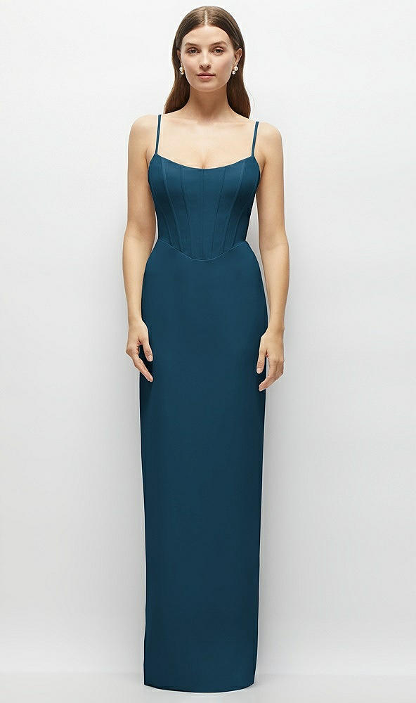 Front View - Atlantic Blue Corset-Style Crepe Column Maxi Dress with Adjustable Straps