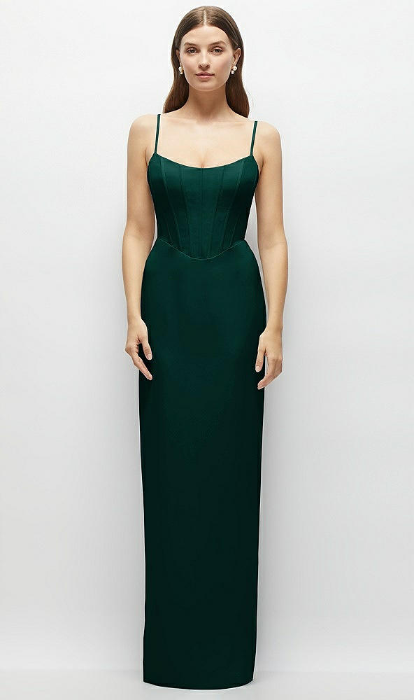Front View - Evergreen Corset-Style Crepe Column Maxi Dress with Adjustable Straps