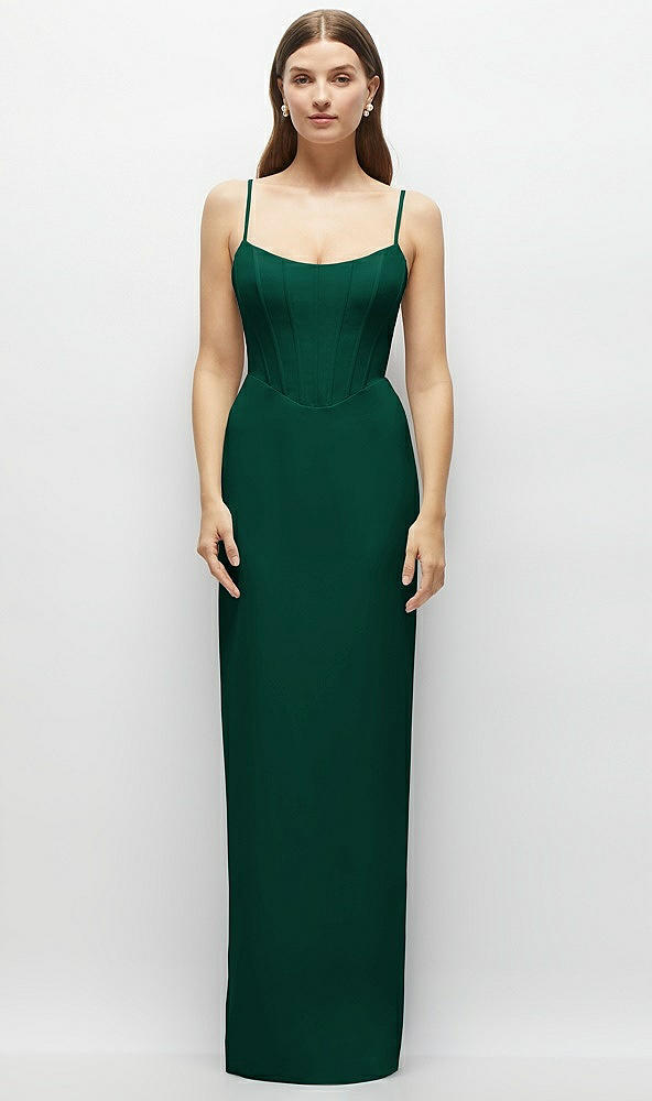 Front View - Hunter Green Corset-Style Crepe Column Maxi Dress with Adjustable Straps