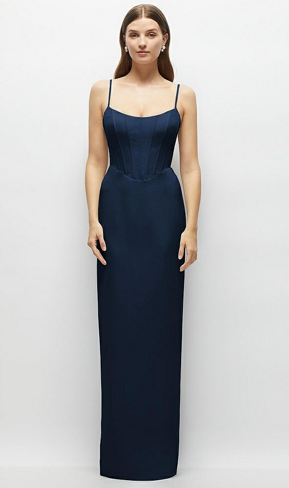 Front View - Midnight Navy Corset-Style Crepe Column Maxi Dress with Adjustable Straps