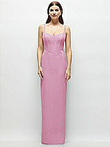 Front View Thumbnail - Powder Pink Corset-Style Crepe Column Maxi Dress with Adjustable Straps