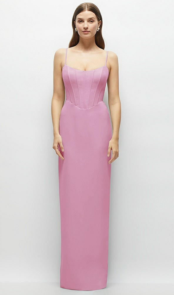 Front View - Powder Pink Corset-Style Crepe Column Maxi Dress with Adjustable Straps