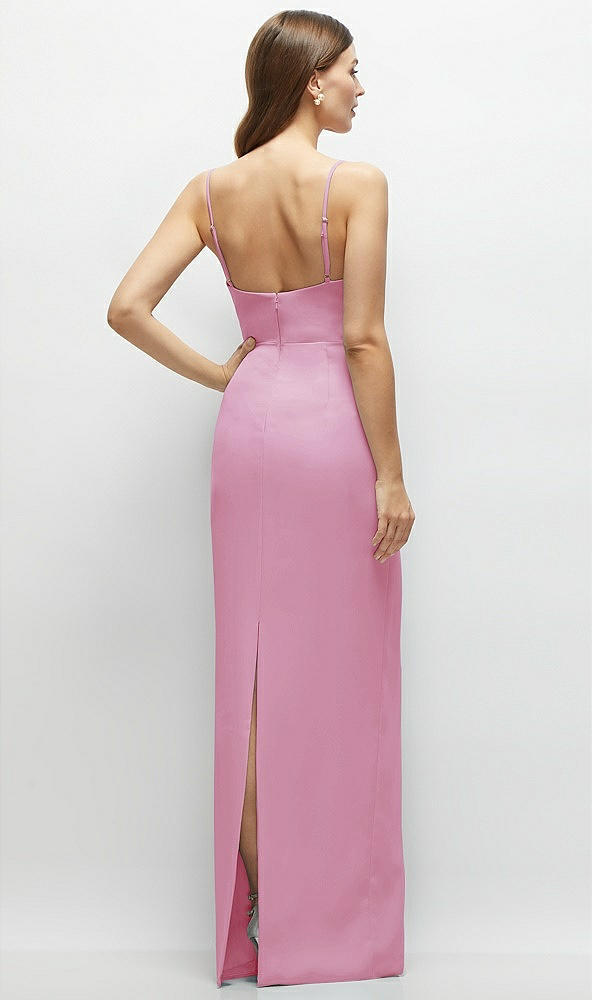 Back View - Powder Pink Corset-Style Crepe Column Maxi Dress with Adjustable Straps