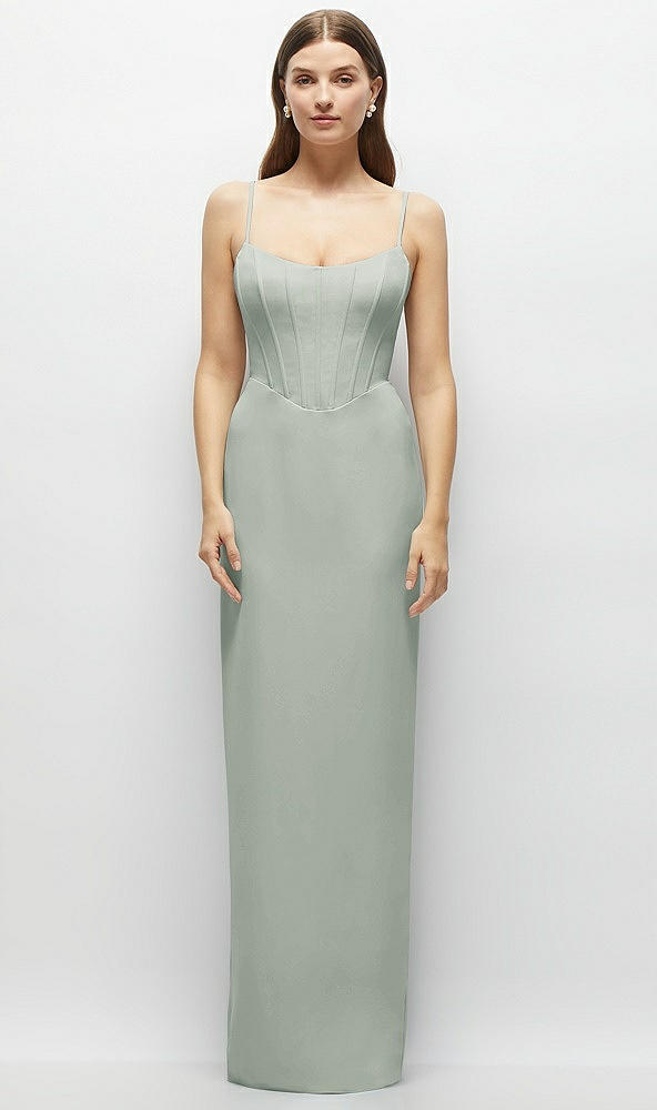Front View - Willow Green Corset-Style Crepe Column Maxi Dress with Adjustable Straps