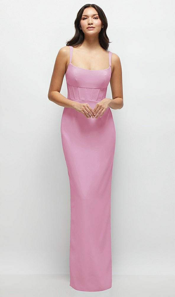 Front View - Powder Pink Corset Midriff Crepe Column Maxi Dress