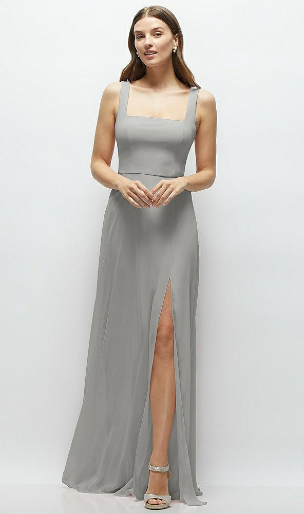 Front View - Chelsea Gray Square Neck Chiffon Maxi Dress with Circle Skirt
