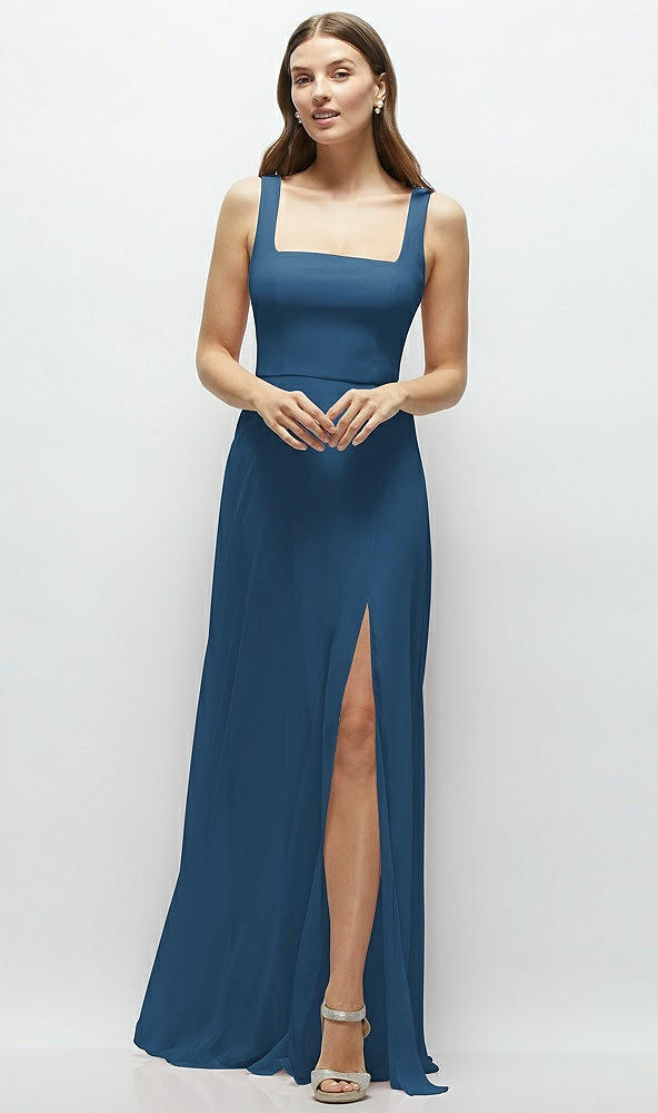 Front View - Dusk Blue Square Neck Chiffon Maxi Dress with Circle Skirt