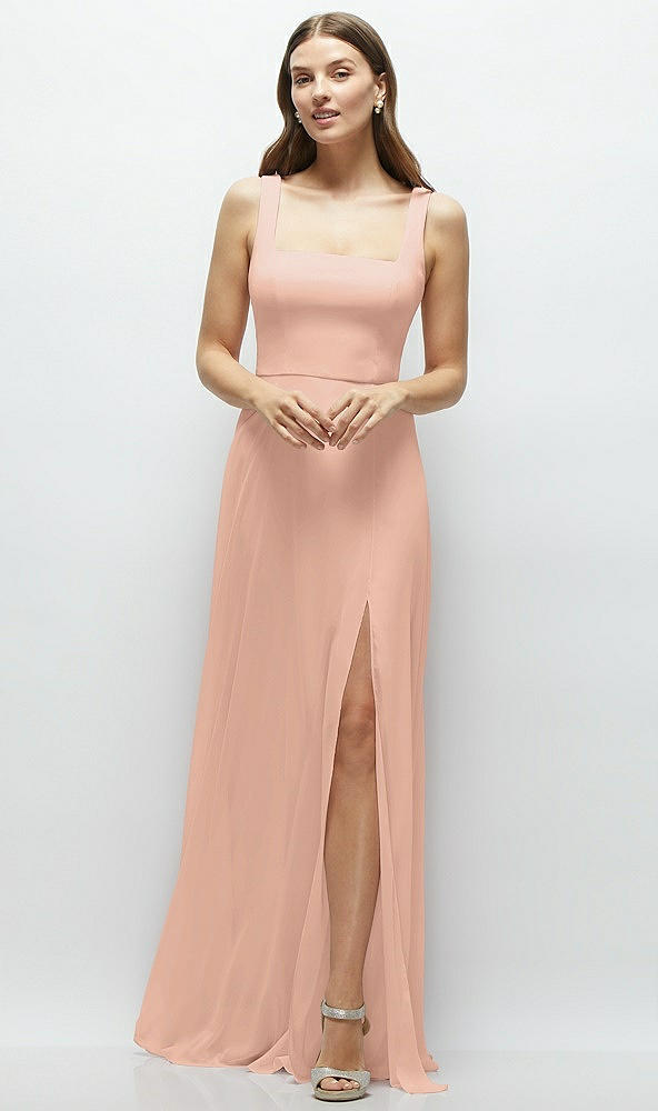 Front View - Pale Peach Square Neck Chiffon Maxi Dress with Circle Skirt