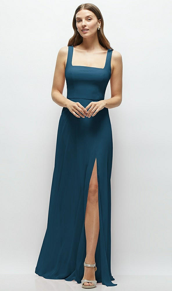 Front View - Atlantic Blue Square Neck Chiffon Maxi Dress with Circle Skirt