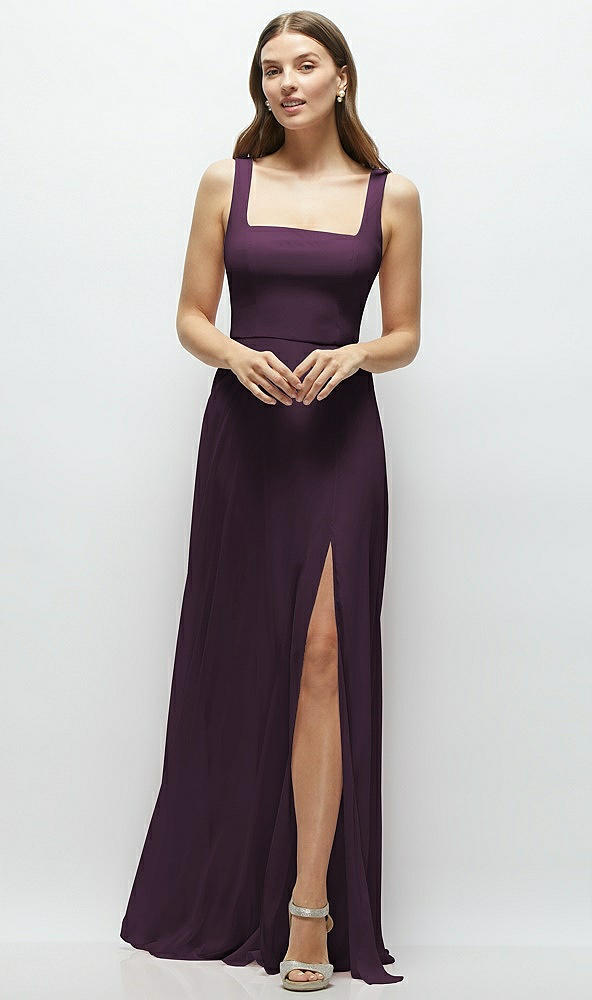 Front View - Aubergine Square Neck Chiffon Maxi Dress with Circle Skirt