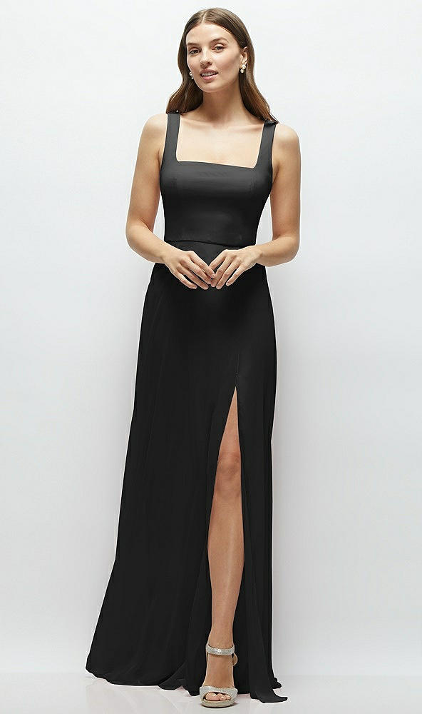 Front View - Black Square Neck Chiffon Maxi Dress with Circle Skirt