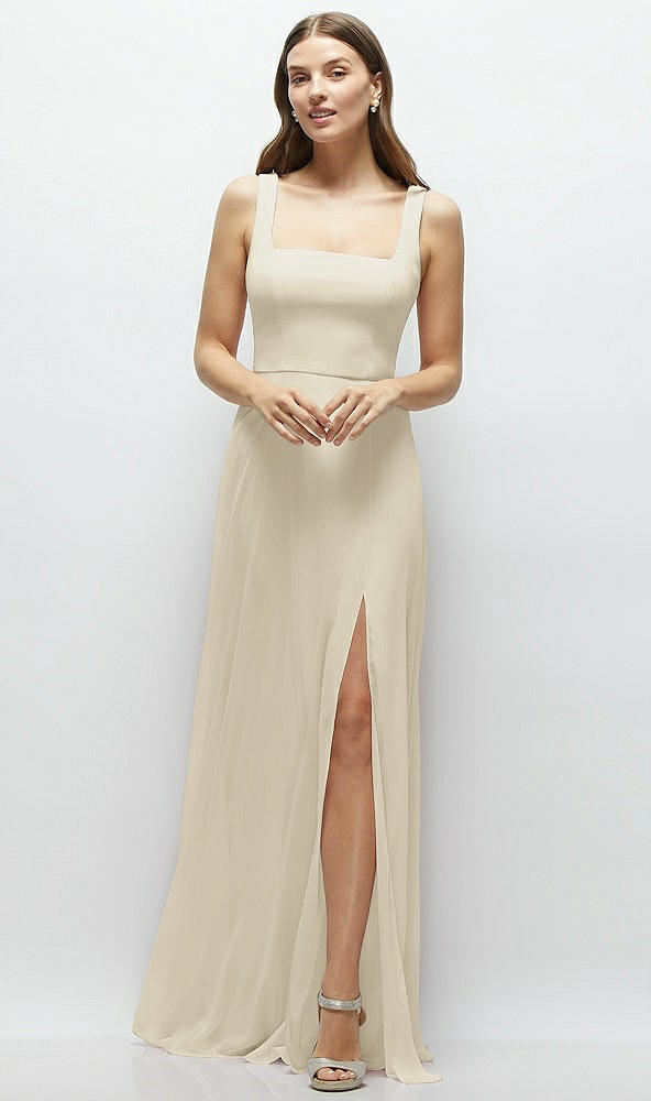 Front View - Champagne Square Neck Chiffon Maxi Dress with Circle Skirt