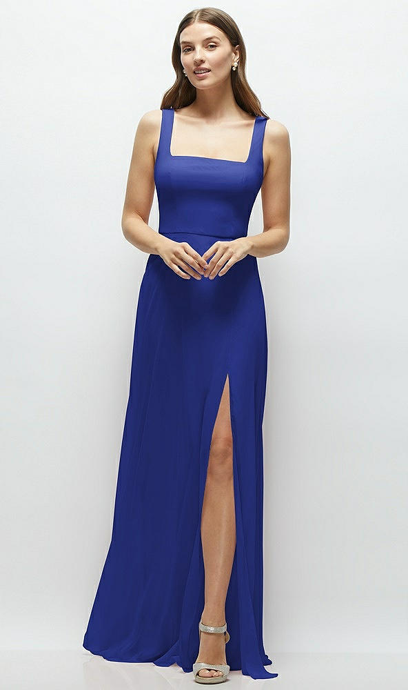 Front View - Cobalt Blue Square Neck Chiffon Maxi Dress with Circle Skirt