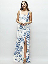 Front View Thumbnail - Cottage Rose Dusk Blue Square Neck Chiffon Maxi Dress with Circle Skirt