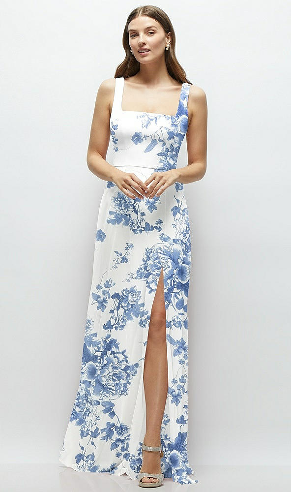 Front View - Cottage Rose Dusk Blue Square Neck Chiffon Maxi Dress with Circle Skirt