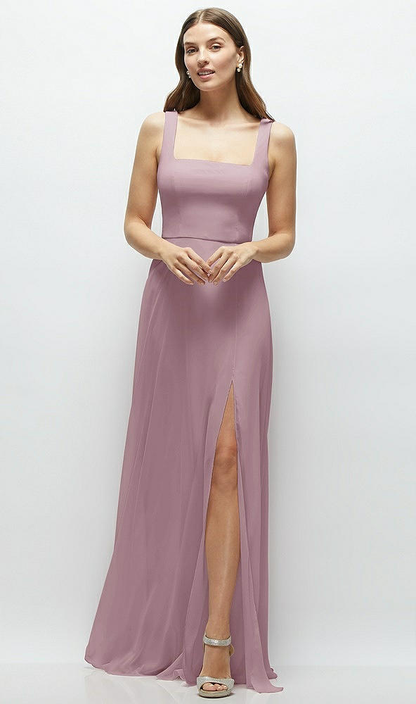 Front View - Dusty Rose Square Neck Chiffon Maxi Dress with Circle Skirt
